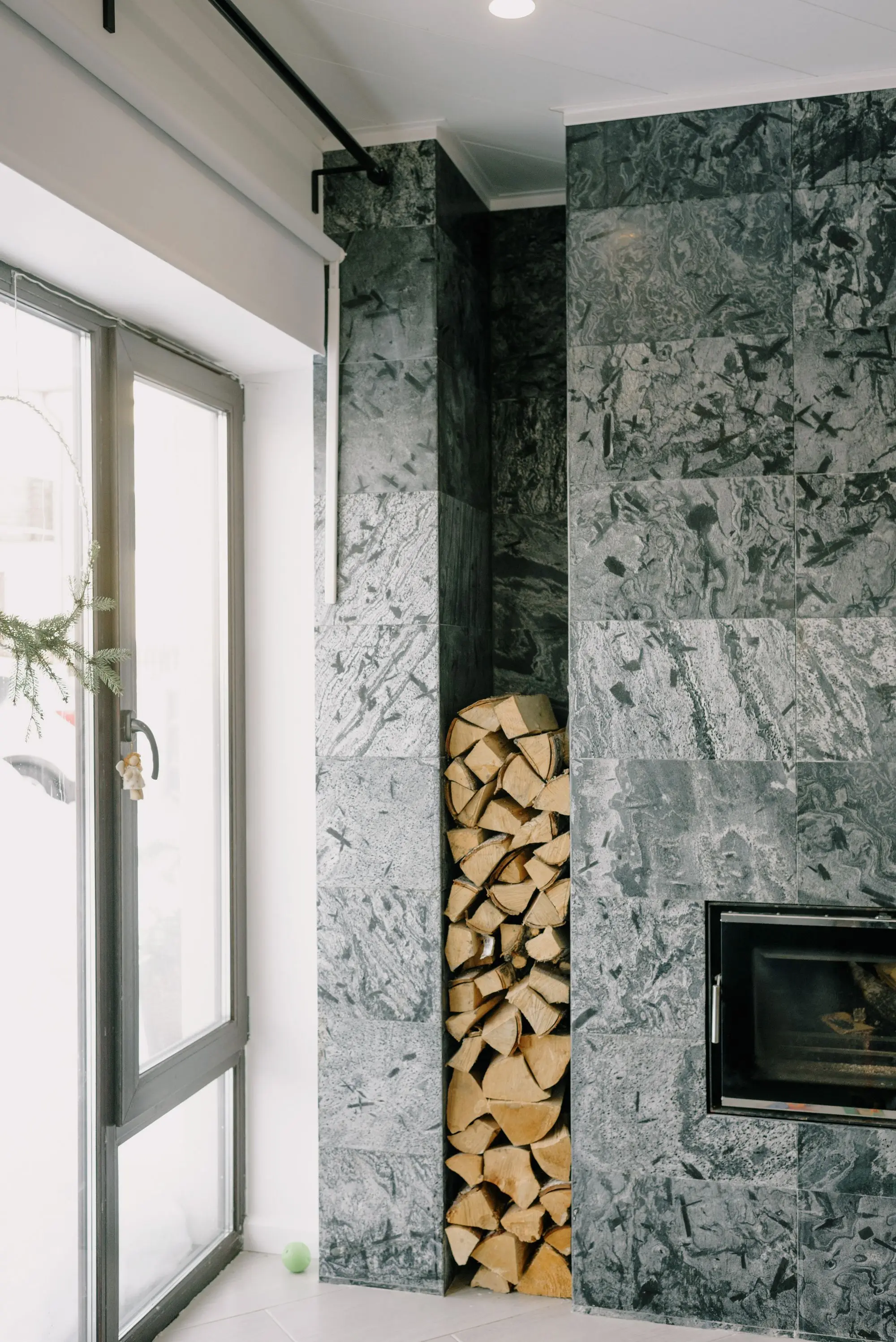 Living room with a sleek fireplace and neat shelving
