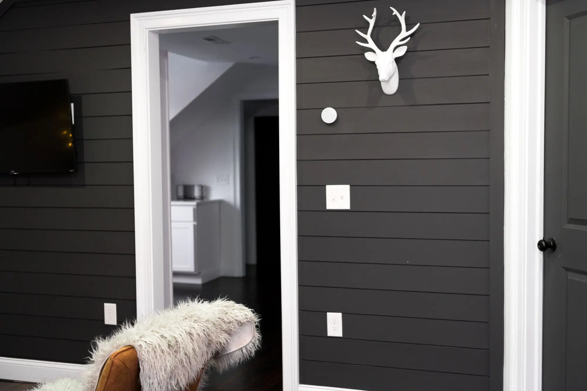 Bedroom with a dark shiplap accent wall