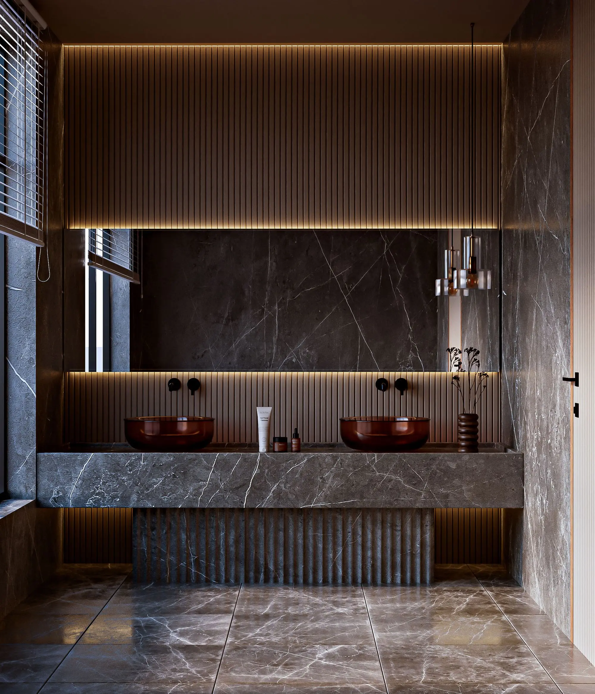 Modern bathroom with marble walls, double vanity and warm lighting
