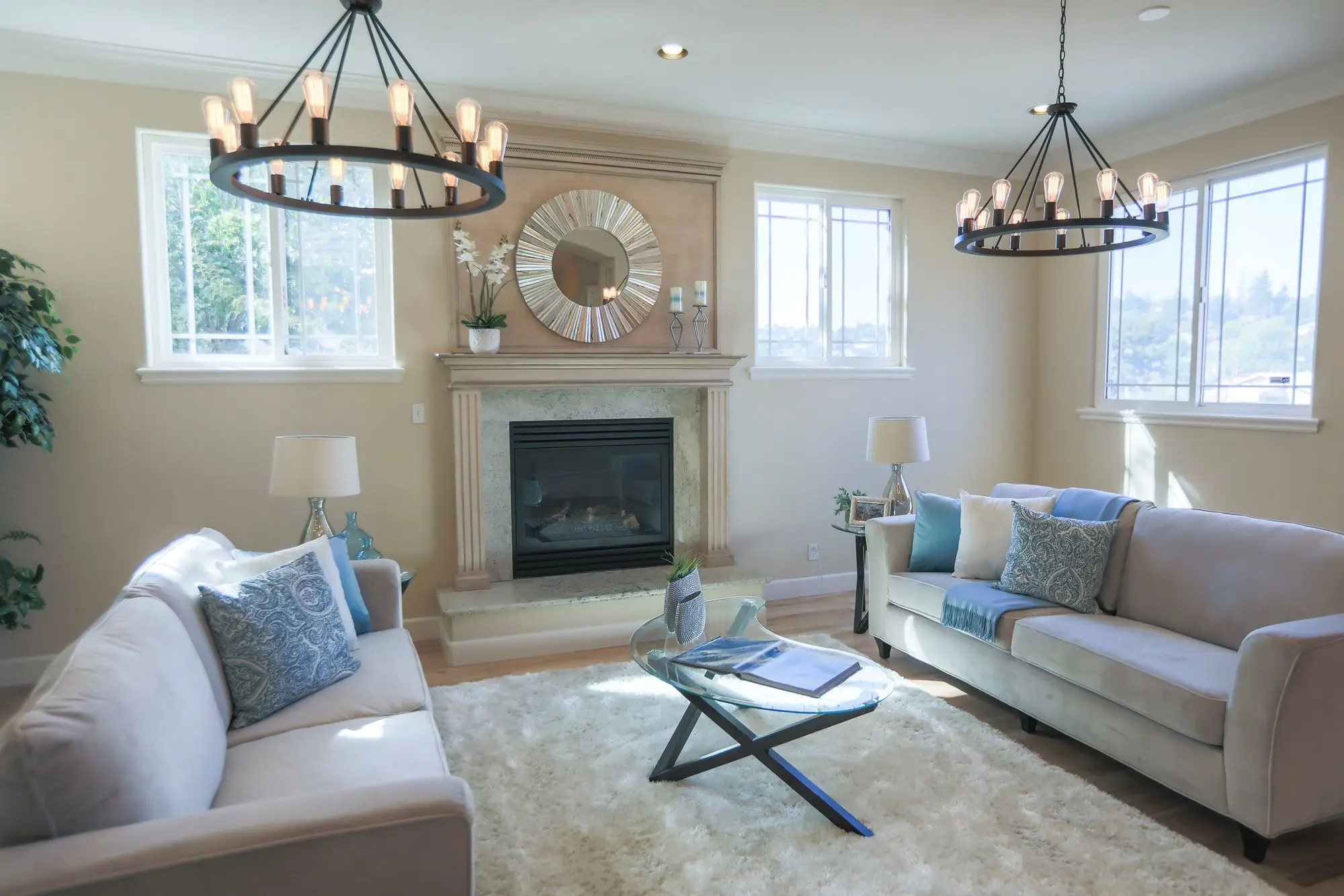 Living room with a marble fireplace surround and armchair