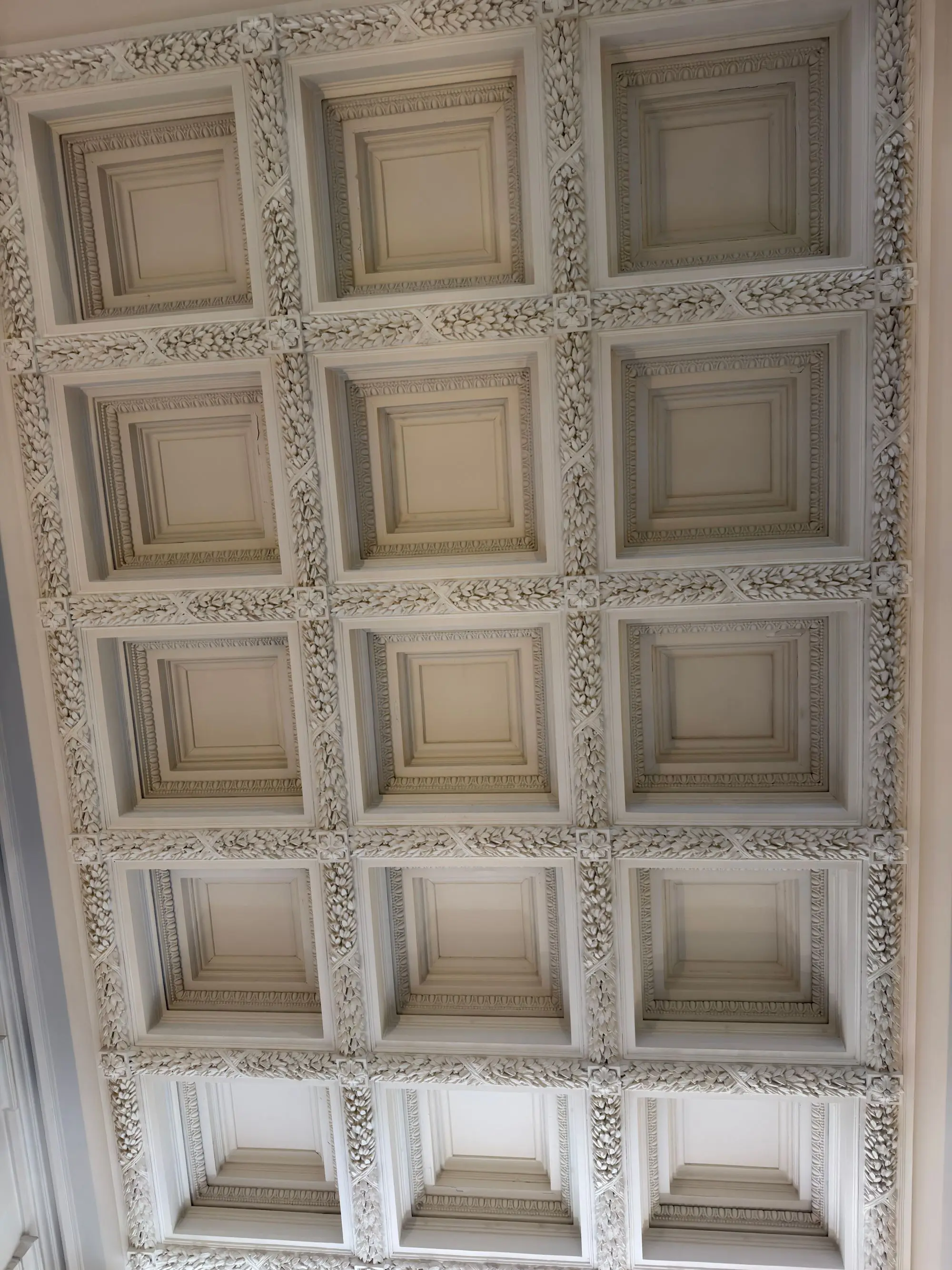 Ornate coffered ceiling in white